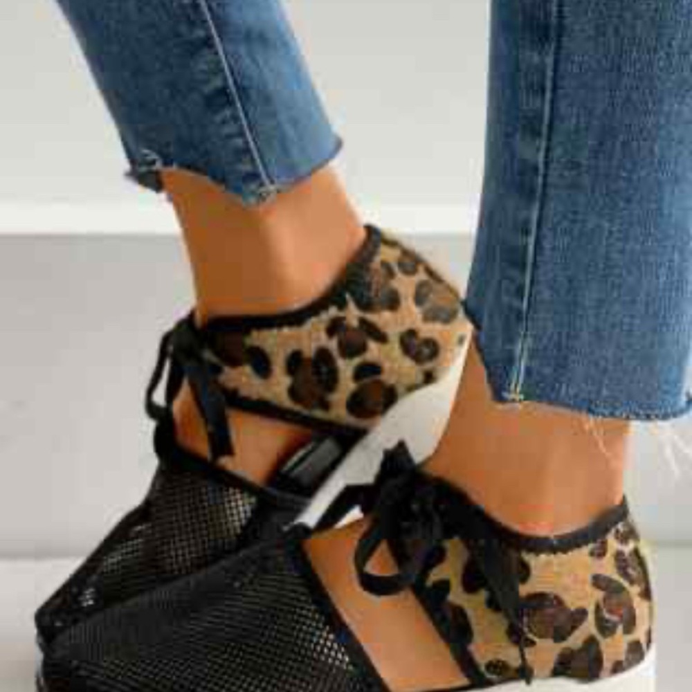 Leopard Print and Black Women's All Black Mesh Sneaker Shoes